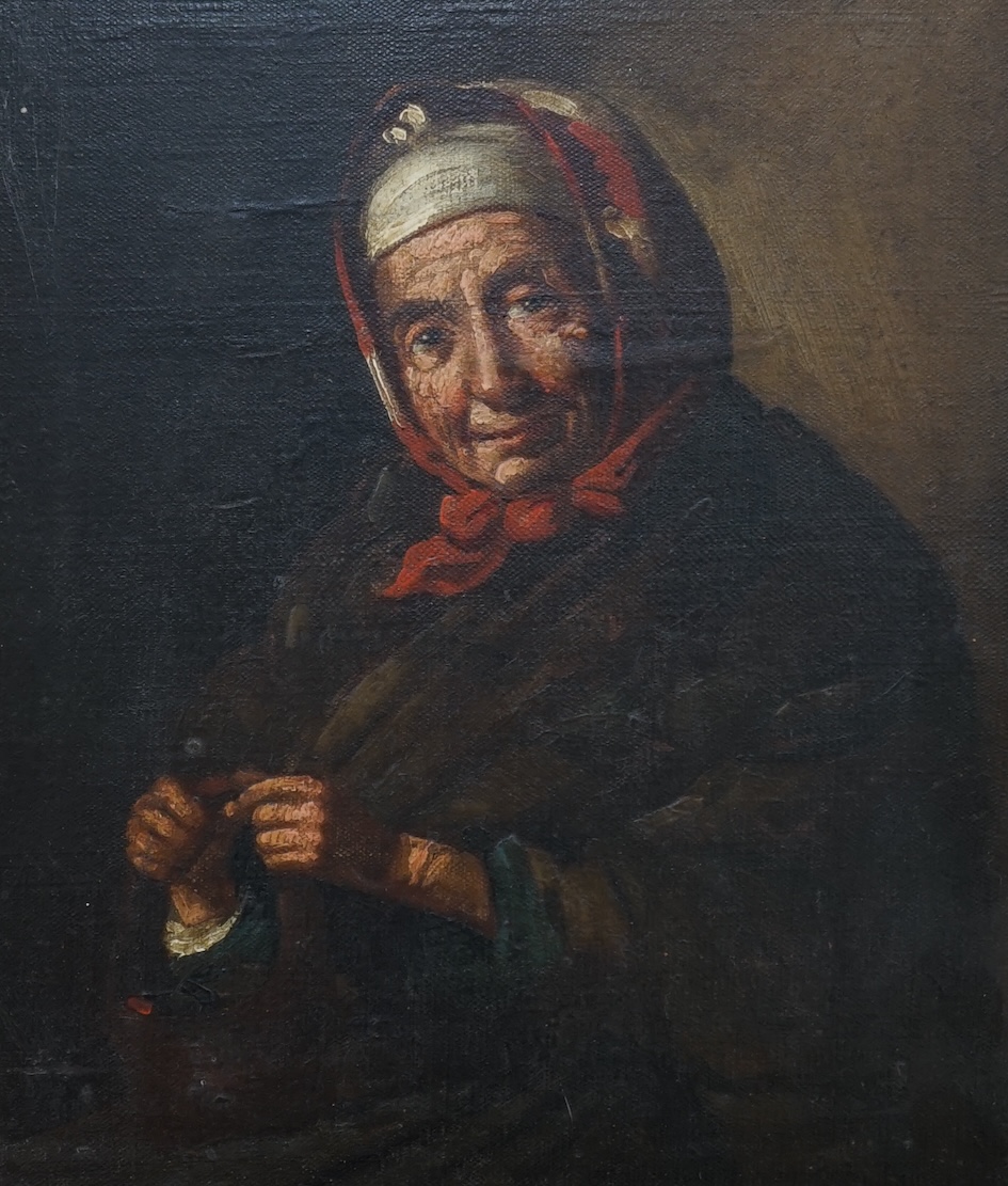 Dutch school, oil on canvas, Portrait of an elderly woman, unsigned, 26 x 21cm, gilt framed. Condition - fair